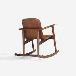 Borge Mogensen, rare rocking chair: Borge Mogensen rare rocking chair Erhard Rasmussen and K. Hempel RasmussenDenmark, 1953teak, teak plywood24.5 w x 30 d x 31.75 h in (62 x 76 x 81 cm) Literature: Dansk M