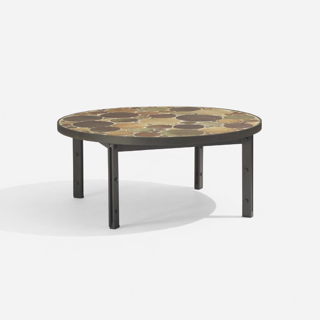 Tue Poulsen, coffee table: Tue Poulsen coffee table Haslev Mobelsnedkeri A/SDenmark, 1963enameled steel, glazed earthenware, rubber42.5 dia x 18.75 h in (108 x 48 cm)