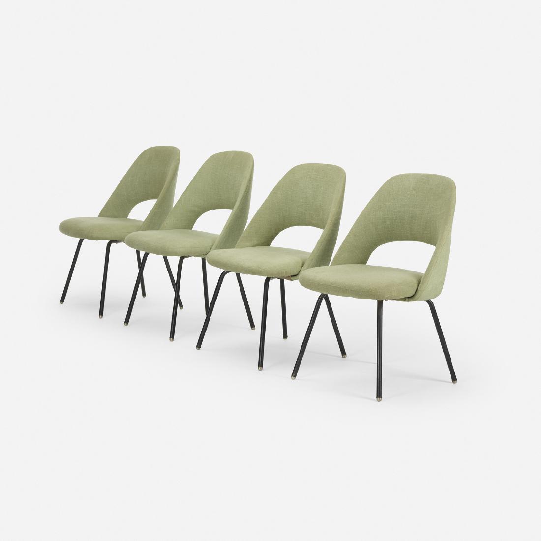 Eero Saarinen, dining chairs, set of four: Eero Saarinen dining chairs, set of four De CoeneUSA / Belgium, 1948 / c. 1955upholstery over bent plywood, enameled steel21.5 w x 21.5 d x 32 h in (55 x 55 x 81 cm) De Coene of Belgium pro