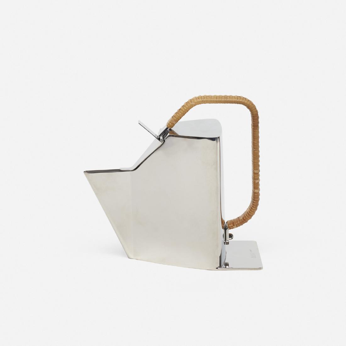 Richard Sapper, Bandung teapot: Richard Sapper Bandung teapot AlessiGermany / Italy, 1992polished stainless steel, cane8.5 h x 5 w x 8.25 d in (22 x 13 x 21 cm) Signed with impressed manufacturer's mark to base: [Official