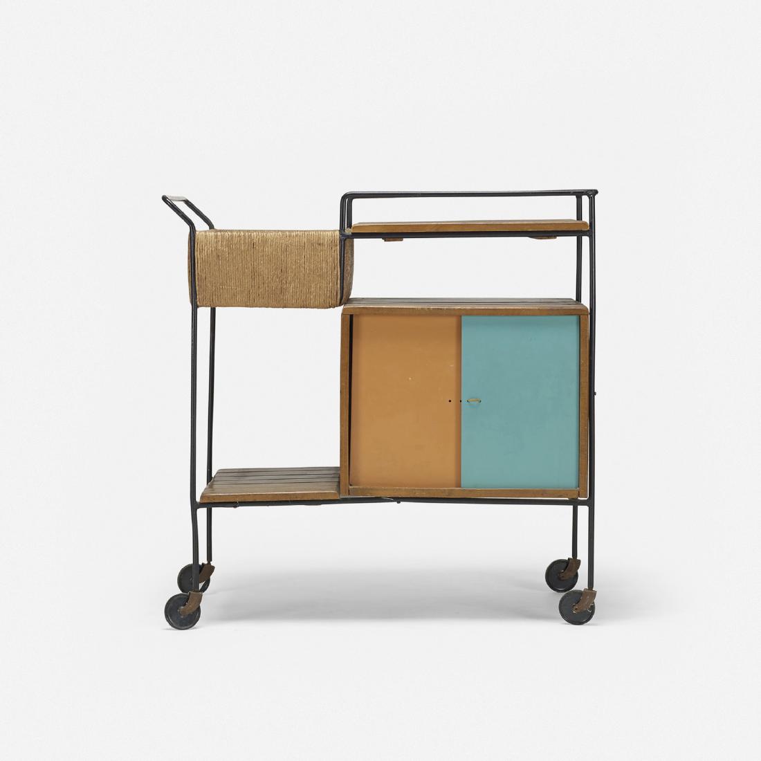 Arthur Umanoff, bar cart: Arthur Umanoff bar cart RaymorUSA, c. 1950mahogany, enameled steel, jute, lacquered wood, plastic35.5 w x 18 d x 32.25 h in (90 x 46 x 82 cm) Cart features two sliding doors concealing stor