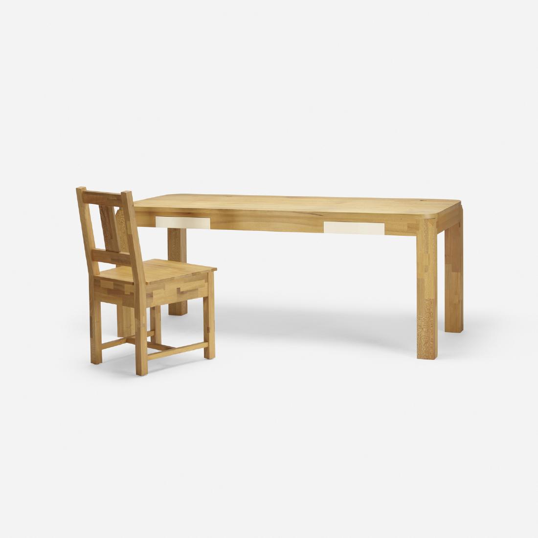 Roy McMakin, desk and chair for Hudson: Roy McMakin desk and chair for Hudson Domestic Furniture Company2001laminated maple, beech and ash, lacquered wood29.5 h x 72 w x 30 d in (75 x 183 x 76 cm) Chair measures: 19 w x 22 d x 36