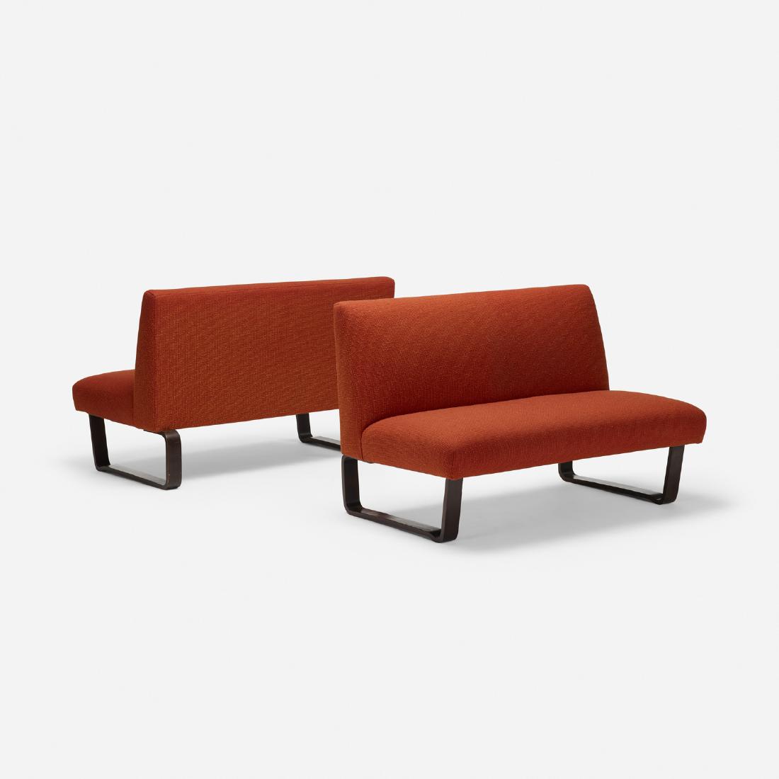 Edward Wormley, settees, pair: Edward Wormley settees, pair DunbarUSA, c. 1947upholstery, lacquered and laminated mahogany50 w x 30 d x 23 h in (127 x 76 x 58 cm) Provenance: Wright, Modern Design