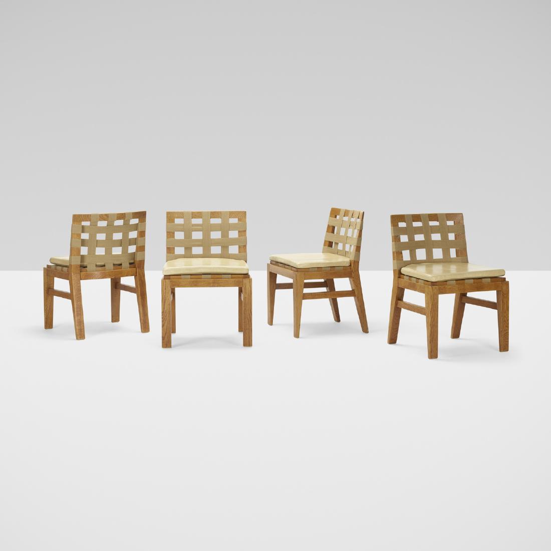 Jean Royere, chairs, set of four: Jean Royere chairs, set of four France, c. 1937oak, canvas strapping, leather20.5 w x 19 d x 30 h in (52 x 48 x 76 cm) Wright would like to thank Jacques Lacoste for his assistance in cataloging