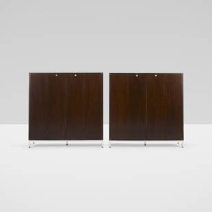 Jules Wabbes, cabinets, pair: Jules Wabbes cabinets, pair Le Mobilier UniverselBelgium, c. 1965stained mahogany, chrome-plated steel47 w x 18 d x 47.5 h in (119 x 46 x 121 cm) Each cabinet features two bi-fold doors con