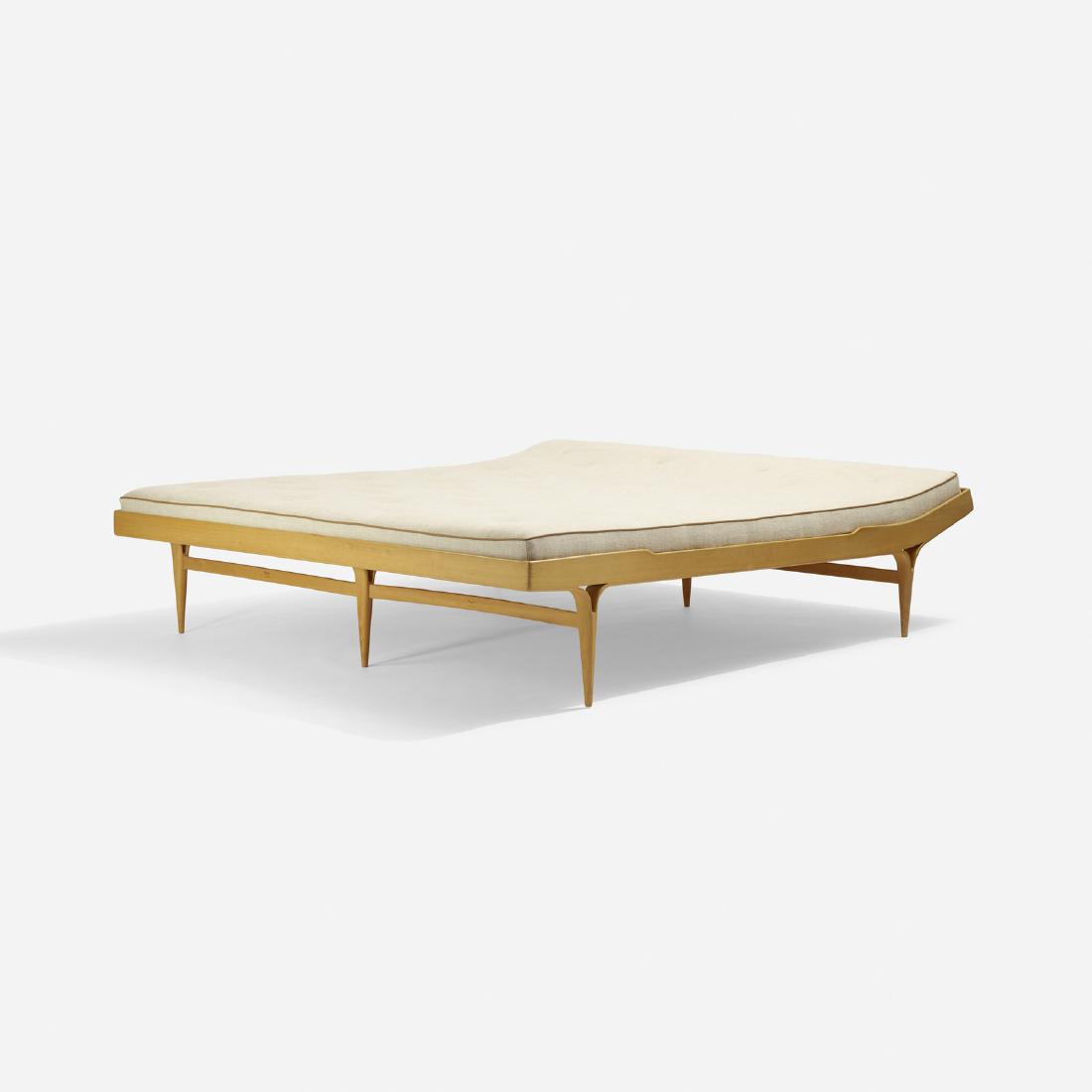Bruno Mathsson, daybed: Bruno Mathsson daybed Firma Karl MathssonSweden, 1950beech, upholstery, leather77.5 w x 79 d x 18 h in (197 x 201 x 46 cm) Signed with branded manufacturer's marks to frame: [Bruno Mathsson