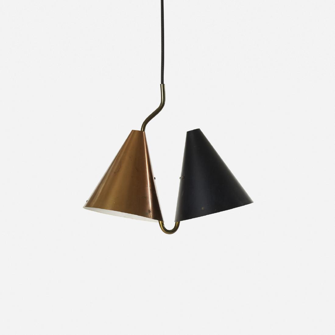 Svend Aage Holm Sorensen, Rare double pendant lamp: Svend Aage Holm Sorensen Rare double pendant lamp LyfaDenmark, c. 1955enameled steel, copper, brass14.5 w x 6.5 d x 12.5 h in (37 x 17 x 32 cm)