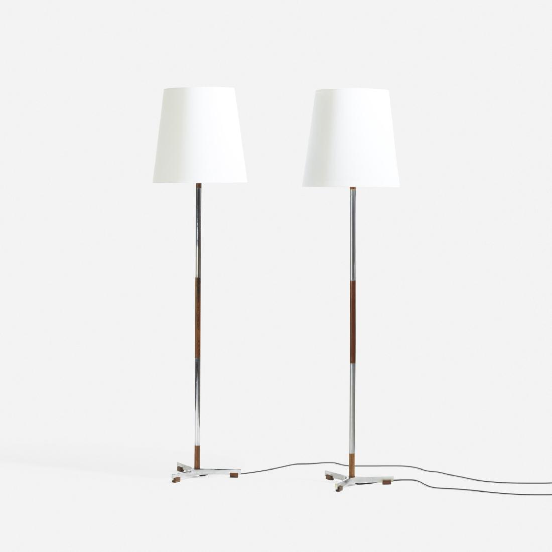 Jo Hammerborg, floor lamps, pair: Jo Hammerborg floor lamps, pair Fog & MorupDenmark, c. 1965chrome-plated steel, rosewood, polyester16 dia x 65.5 h in (41 x 166 cm) Signed with decal manufacturer's label to socket of one e