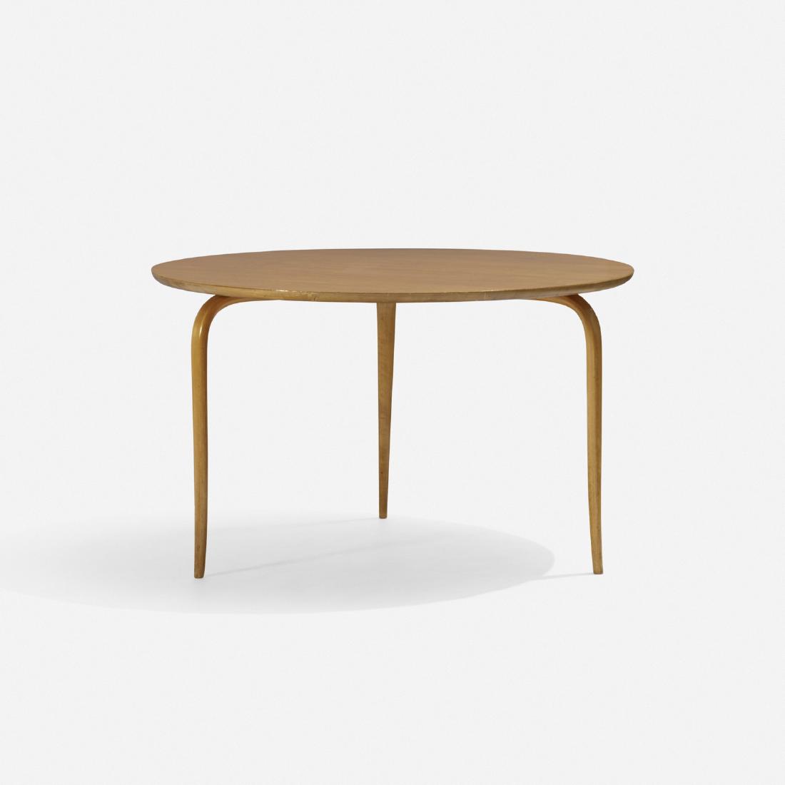 Bruno Mathsson, table: Bruno Mathsson table Karl MathssonSweden, 1936teak plywood, birch33.5 dia x 20 h in (85 x 51 cm) Signed with branded manufacturer's marks to underside: [Bruno Mathsson Design Made in Sweden