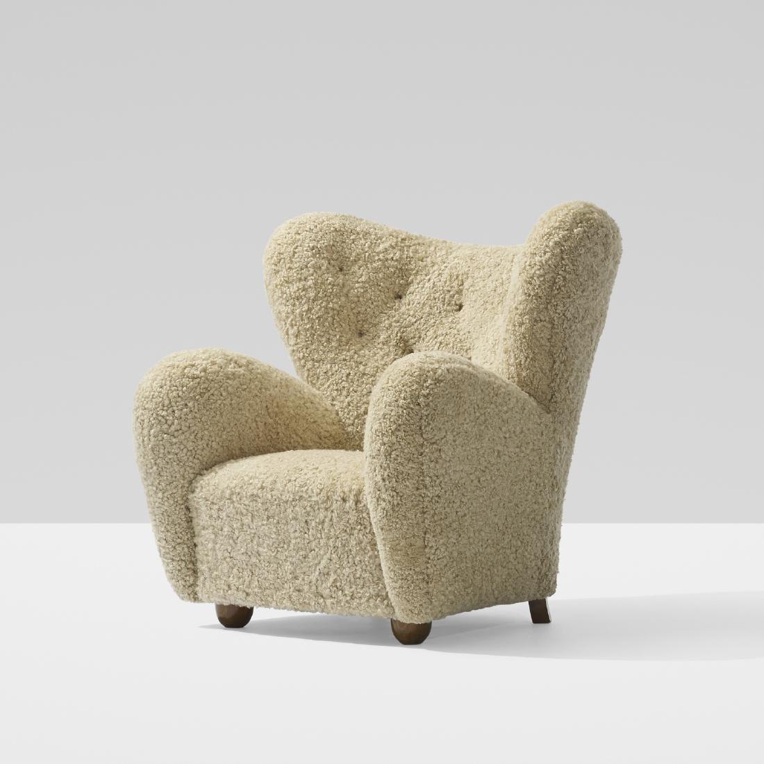 Flemming Lassen, attribution, lounge chair: Flemming Lassen, attribution lounge chair Denmark, c. 1940sheepskin, stained beech37 1/2 w x 38 d x 38 h in (94 x 97 x 97 cm) Provenance: Wright, Scandinavian Design, 8 Ma