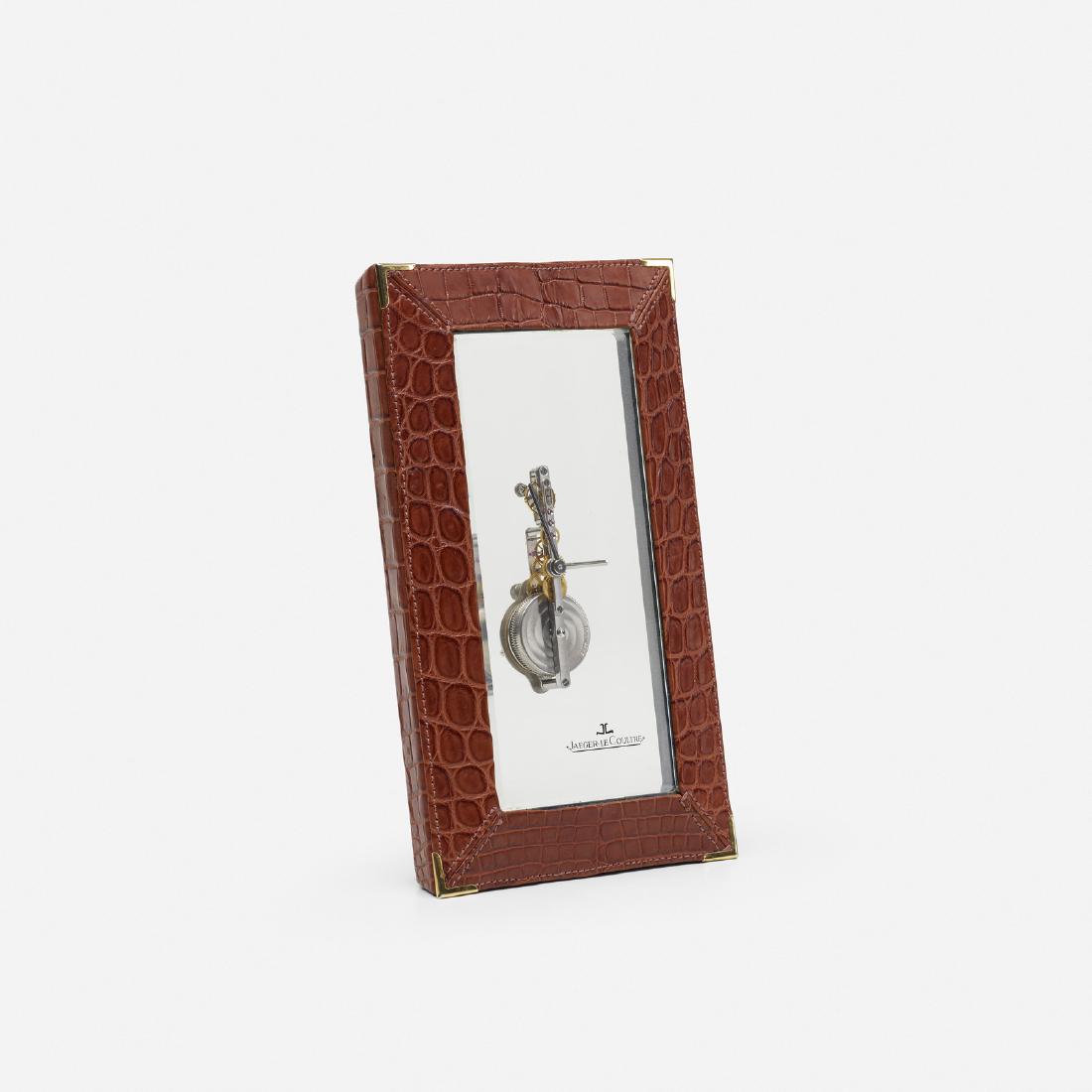 Hermes, Inline clock: Hermes Inline clock Jaeger-LeCoultreFrance / Switzerland, c. 1970crocodile, glass, enameled brass, brass, gemstones, chrome-plated steel4.75 w x 2 d x 8 h in (12 x 5 x 20 cm) Signed with pr