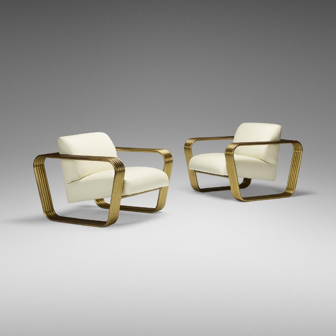 Jay Spectre, lounge chairs, pair: Jay Spectre lounge chairs, pair USA, c. 1975brass, leather34 w x 36 d x 29 h in (86 x 91 x 74 cm)