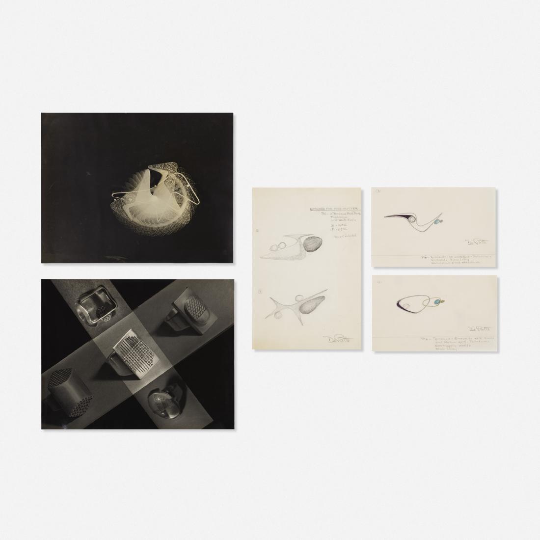 Margaret De Patta, jewelry studies and photographs: Margaret De Patta collection of jewelry studies and photographs USA, c. 1946pencil on paper, gelatin silver print11 h x 14 w in (28 x 36 cm) Lot is comprised of three drawings and two photographs