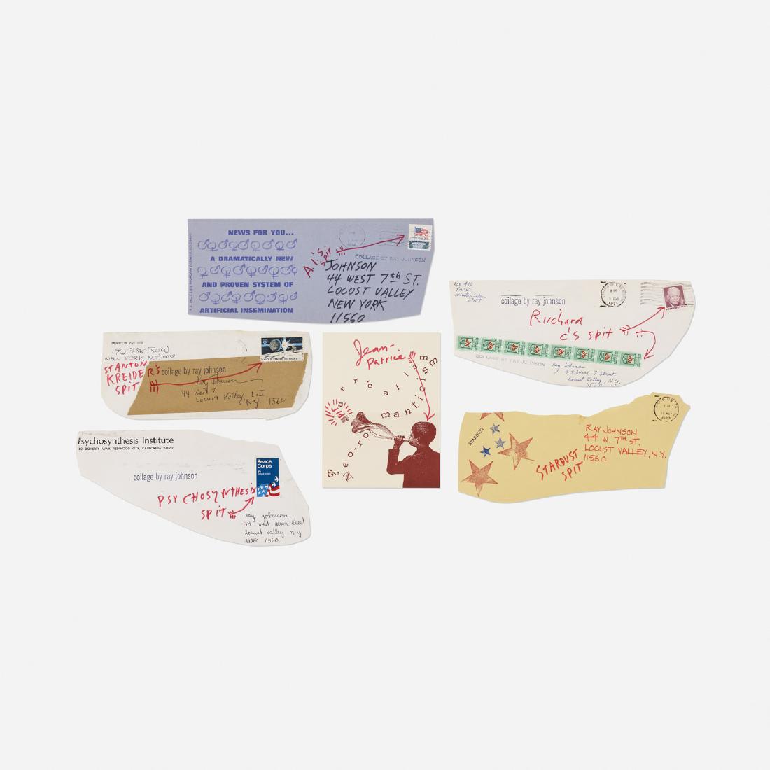Ray Johnson, Untitled (collection of six works): Ray Johnson Untitled (collection of six works) c. 1972ink and collage on paper4.25 h x 9.5 w in (11 x 24 cm) Stamped signature to each envelope 'Ray Johnson'. Sold with envelopes addressed separa