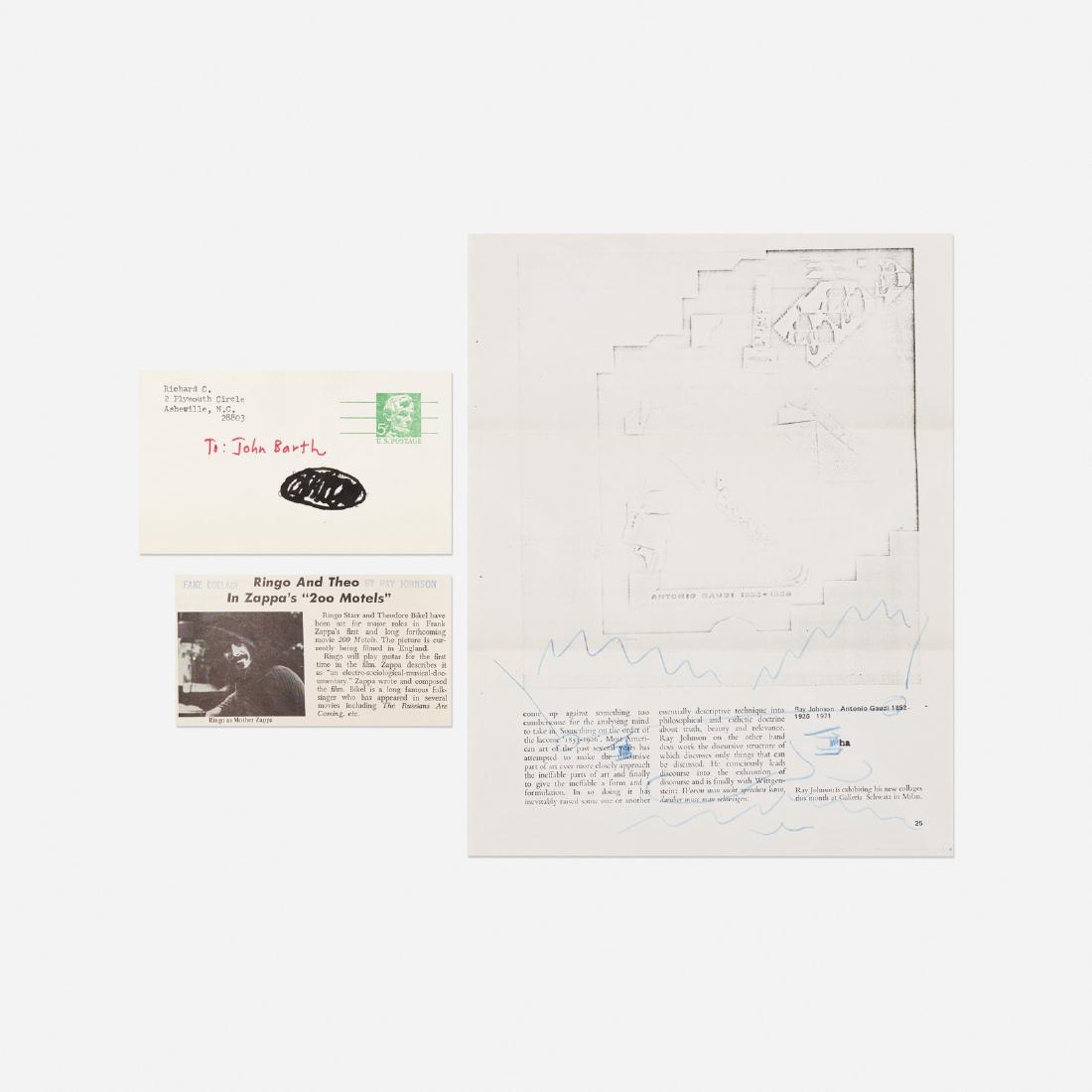 Ray Johnson, Untitled (collection of three works): Ray Johnson Untitled (collection of three works) c. 1972crayon and ink on paper, newsprint4.25 h x 9.5 w in (11 x 24 cm) Stamped signature to both envelopes 'Ray Johnson'. Stamped signature to ne
