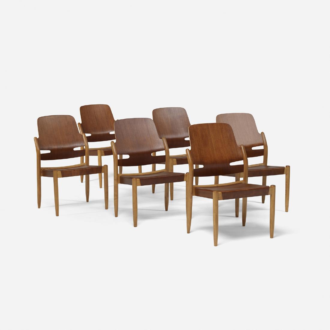 Carl-Axel Acking, chairs, set of six: Carl-Axel Acking chairs, set of six Akerblom StolenSweden, c. 1950beech, beech plywood, mahogany20.75 w x 23 d x 33 h in (53 x 58 x 84 cm) Signed with applied metal manufacturer's label to