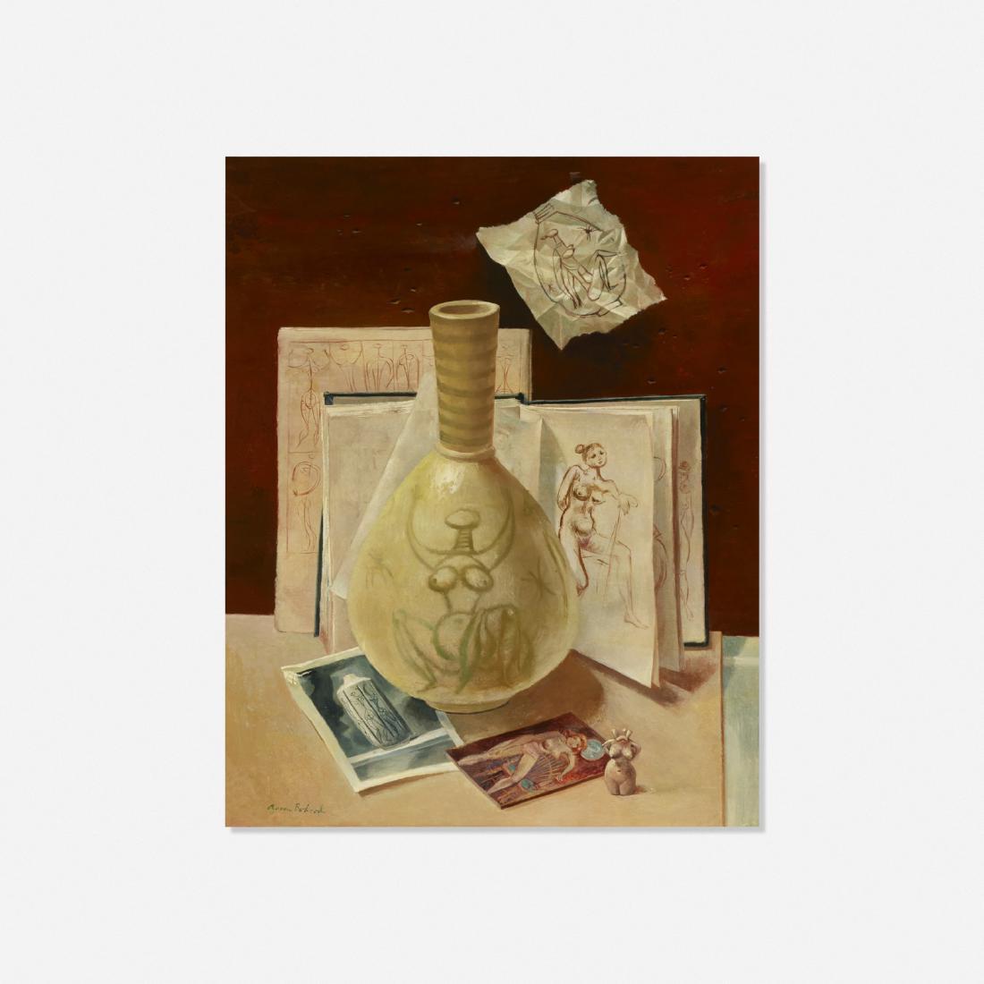 Aaron Bohrod, Still Life with Ceramic: Aaron Bohrod Still Life with Ceramic c. 1970oil on board20 h x 16 w in (51 x 41 cm) Signed to lower left 'Aaron Bohrod'. Provenance: Frank J. Oehlschlaeger, Sarasota, FL |