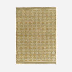 Barbro Nilsson, Spattan tapestry weave carpet: Barbro Nilsson Spattan tapestry weave carpet Marta Maas-Fjetterstrom ABSweden, 1943hand-woven wool99 w x 138 l in (251 x 351 cm) Woven signature to edge: [AB MMF BN]. Literat