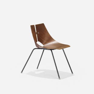 Ray Komai, chair: Ray Komai chair JG Furniture Company USA, 1949 walnut plywood, enameled steel, aluminum 18.5 w x 25 d x 29 h in (47 x 63 x 74 cm) Signed with partial paper manufacturer's label to underside: [J G