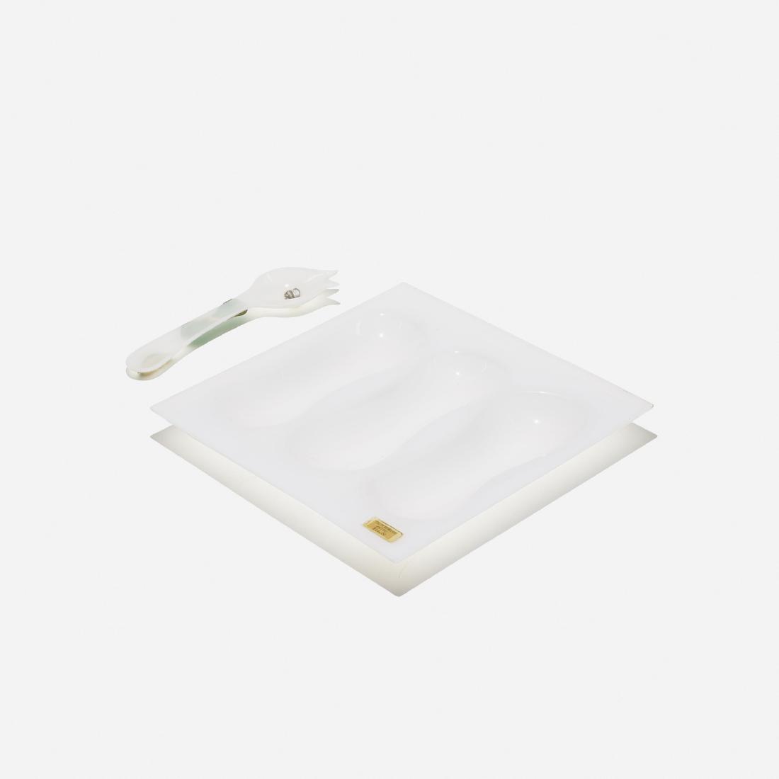 Eva Zeisel, Prototype Cloverware serving dish and spoon: Eva Zeisel Prototype Cloverware serving dish and spoon Clover PlasticsHungary / USA, 1947acrylic plastic14 w x 14 d x 1.5 h in (36 x 36 x 4 cm) Signed with decal manufacturer's labels to se