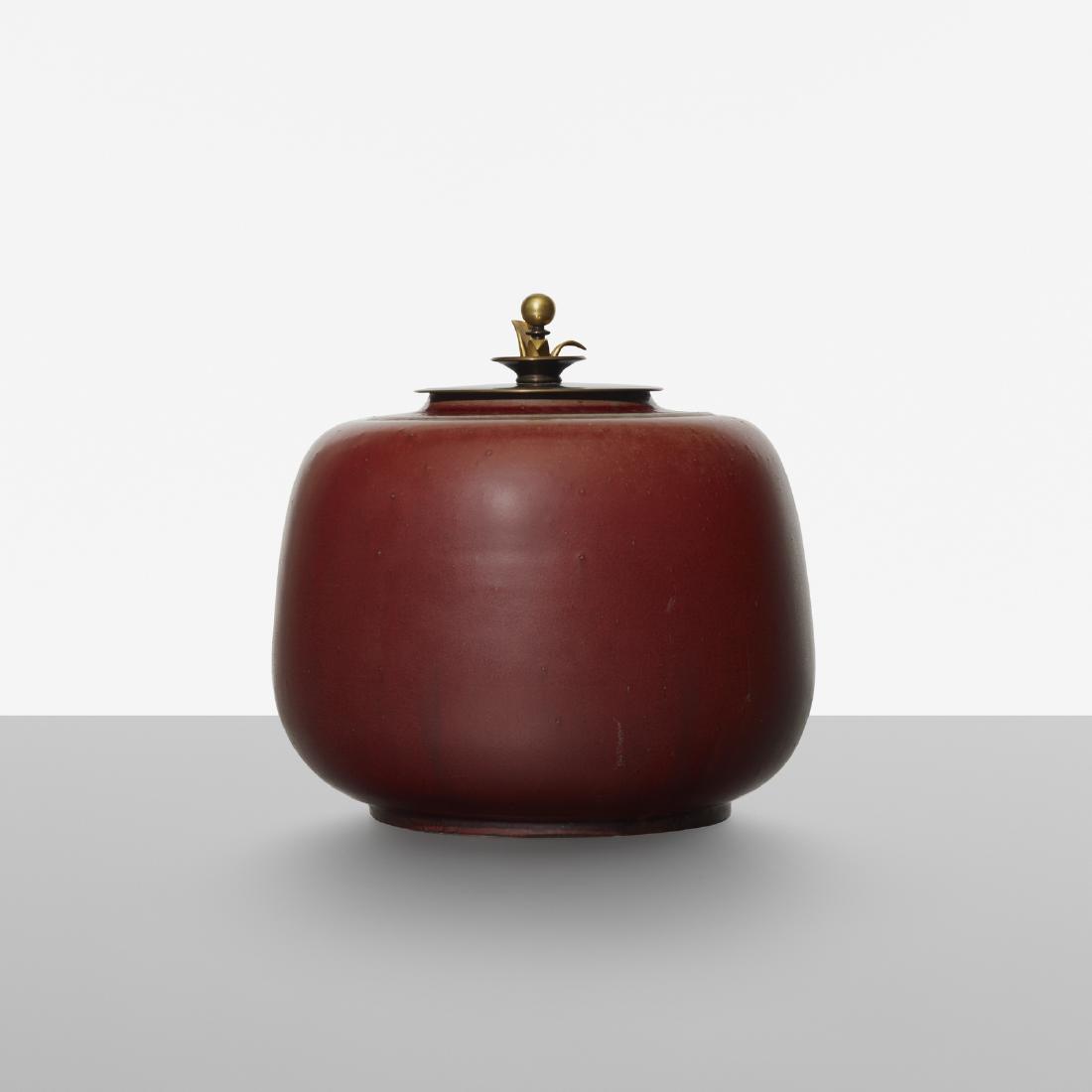 Carl Halier, lidded vessel: Carl Halier lidded vessel Royal CopenhagenDenmark, c. 1935glazed stoneware, bronze8.75 dia × 8.75 h in (22 × 22 cm) Glazed signature: [CH] with stamped manufacturer's mark and t