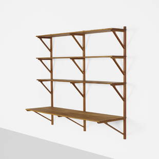 Borge Mogensen, wall shelf, model 20069: Borge Mogensen wall shelf, model 20069 Erhard RasmussenDenmark, 1956stained oak60.25 w × 18.5 d × 53.5 h in (153 × 47 × 136 cm) Literature: Illum