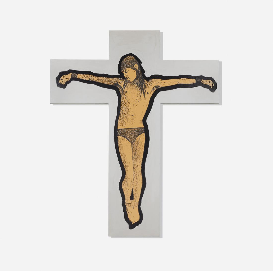 Stephen Sprouse, Iggy on the Cross: Stephen Sprouse Iggy on the Cross 1987 screenprint and acrylic on canvas 84 h × 69 w in (213 × 175 cm) Signed, inscribed and dated to verso: [For Robert Millis Thanks Yall Stephen Sprou
