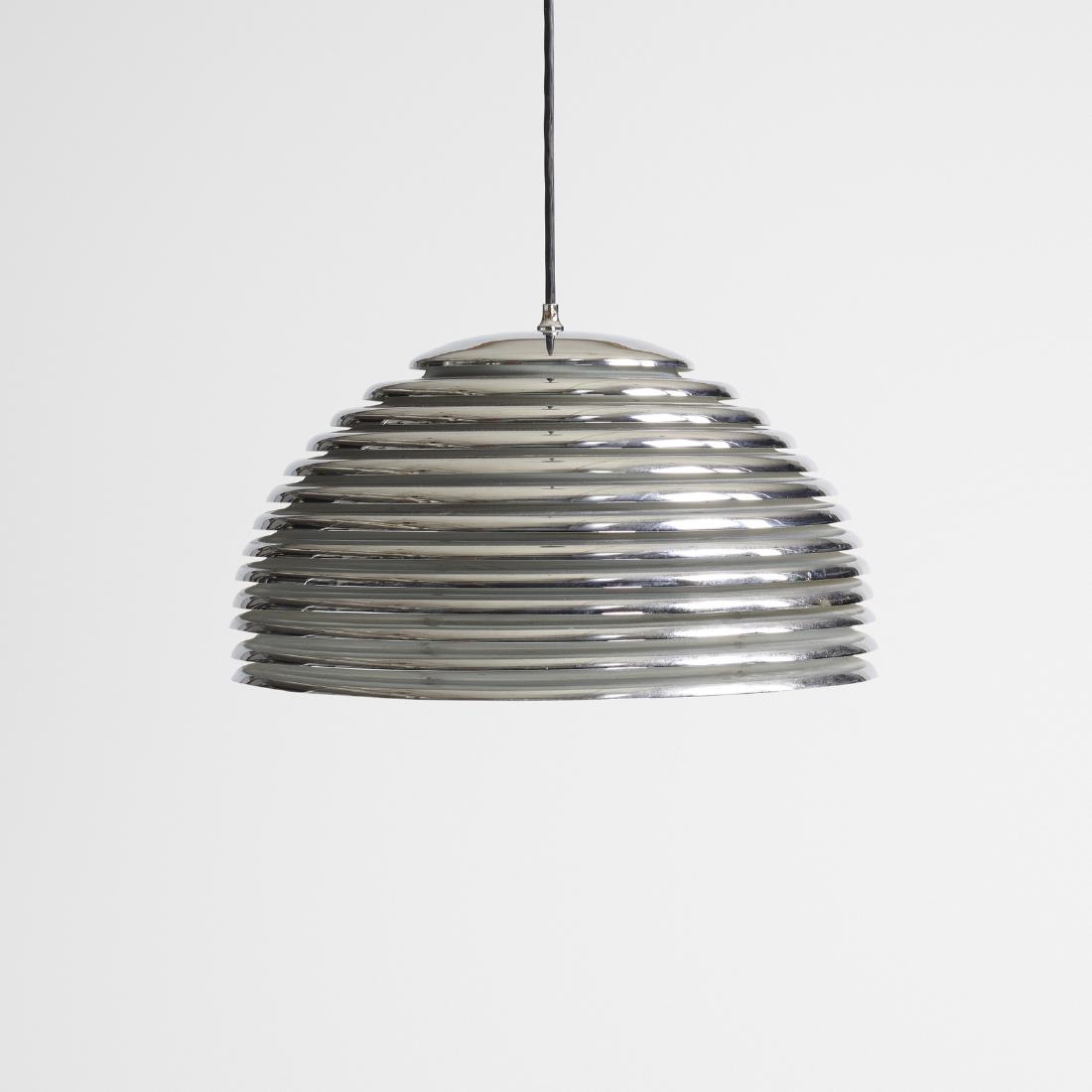 Kazuo Motozawa, Saturno hanging light: Kazuo Motozawa Saturno hanging light Staff LeutchenJapan / Germany, c. 1970chrome-plated steel16 dia × 12 h in (41 × 30 cm)