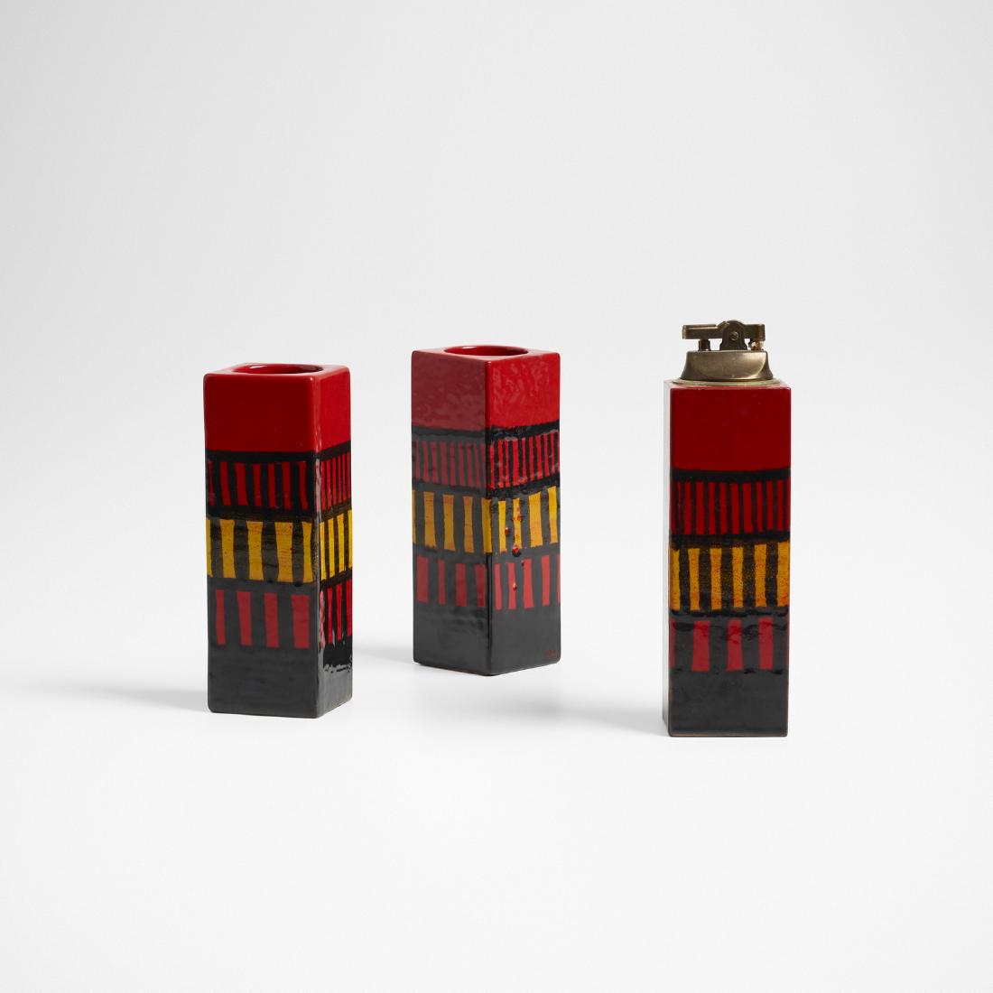 Italian, lighter and two vessels: Italian lighter and two vessels c. 1955glazed ceramic, brass2 w × 2 d × 7 h in (5 × 5 × 18 cm) Signed with applied distributor's label to lighter: [Raymor].