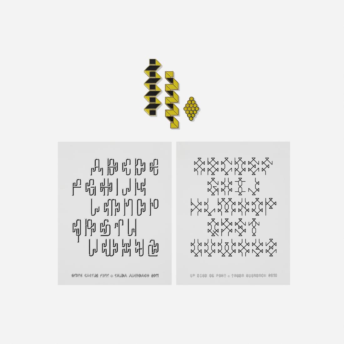 Tauba Auerbach, collection of posters and pins: Tauba Auerbach collection of posters and pins USA, 2010-15double-sided screenprint on paper24.5 h × 19.5 w in (62 × 50 cm) Signed with impressed manufacturer's mark to reverse of each