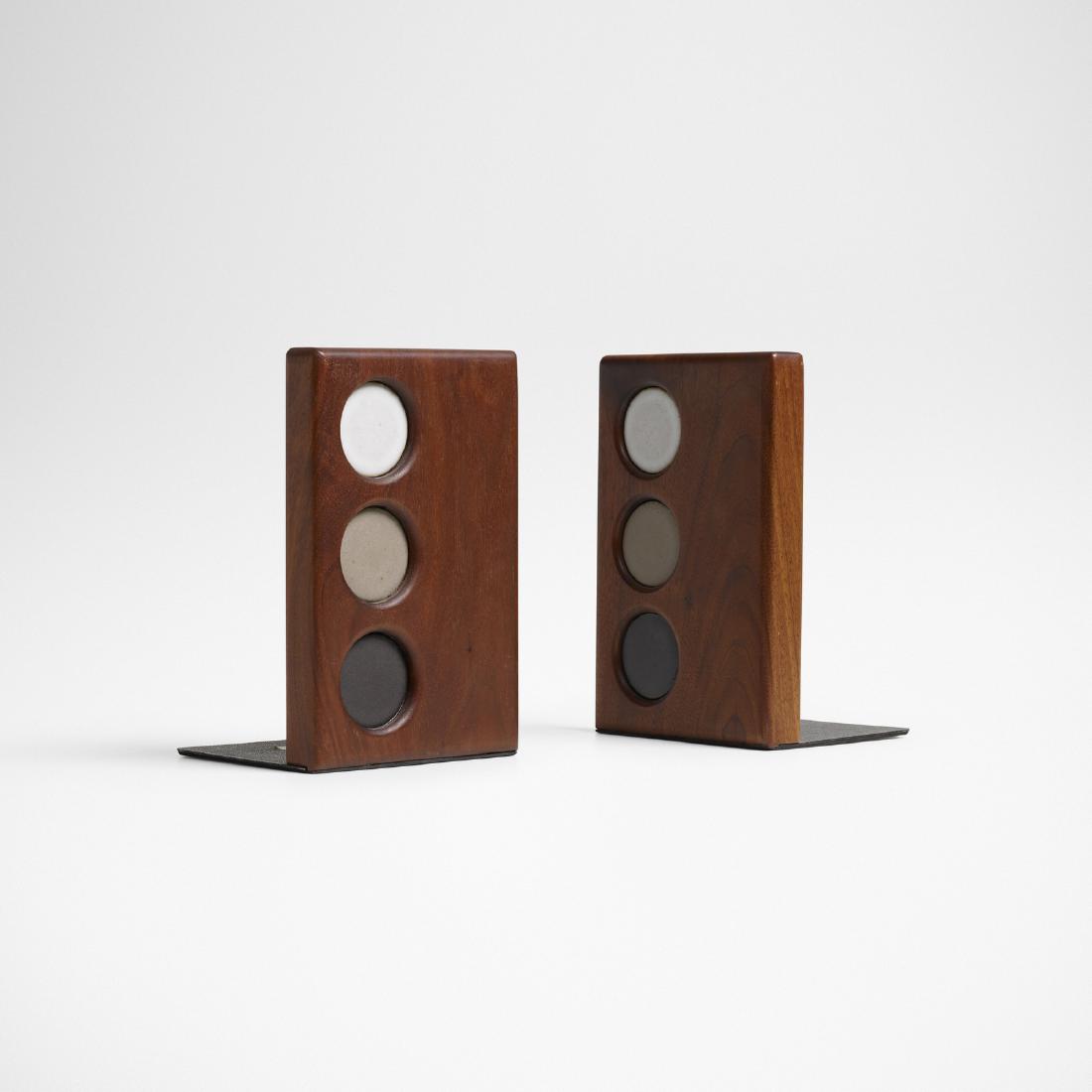 Gordon and Jane Martz, bookends, pair: Gordon and Jane Martz bookends, pair Marshall StudiosUSA, c. 1955walnut, glazed stoneware, enameled steel5 w × 4.25 d × 7.4 h in (13 × 11 × 19 cm) Signed with decal