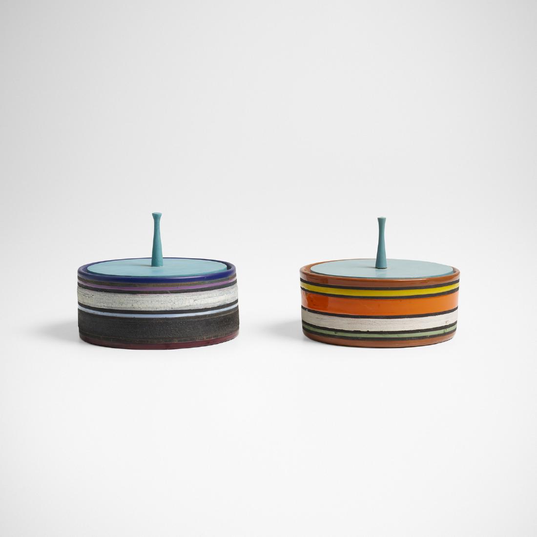 Bitossi, lidded boxes, pair: Bitossi lidded boxes, pair Italy, c. 1955glazed ceramic, painted wood7 dia × 5.5 h in (18 × 14 cm) Signed with applied distributor's label to underside of each example: [Raymor Modern