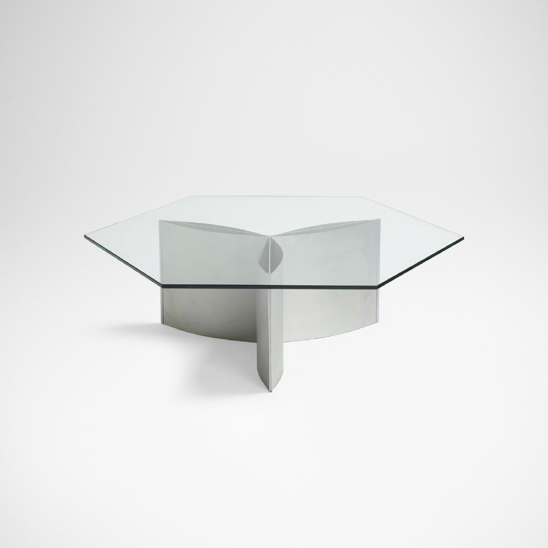 Kim Moltzer and Jean-Paul Barray, coffee table: Kim Moltzer and Jean-Paul Barray coffee table France, c. 1965glass, aluminum, stainless steel47 w × 41 d × 14 h in (119 × 104 × 36 cm) Literature: Furn