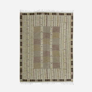 Barbro Nilsson, Salerno flatweave carpet: Barbro Nilsson Salerno flatweave carpet Marta Maas-Fjetterstrom AB Sweden, 1948 hand-woven wool 101 w × 130 l in (257 × 330 cm) Woven signature to edge: [AB MMF BN]. Literature: Marta