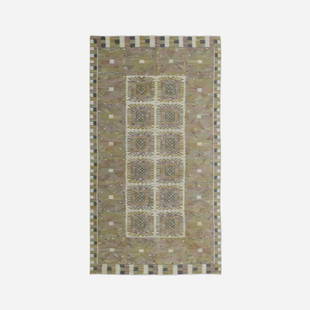 Barbro Nilsson, Carnation tapestry weave carpet: Barbro Nilsson Monumental Carnation tapestry weave carpet Marta Maas-Fjetterstrom ABSweden, 1950hand-woven wool109 w × 205 l in (277 × 521 cm) Woven signature to edge: [AB MMF B