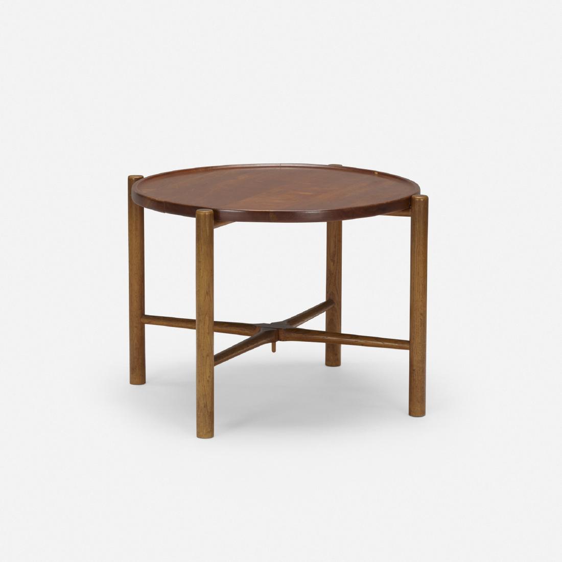 Hans J. Wegner, folding tray table, model AT35: Hans J. Wegner folding tray table, model AT35 Andreas TuckDenmark, c. 1960teak, oak28.25 w × 28.25 d × 19 h in (72 × 72 × 48 cm) Signed with branded manufacturer's m
