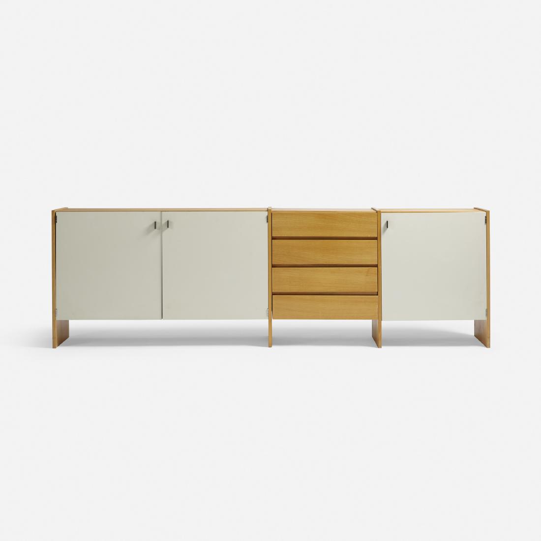 Dieter Rams, prototype RZ 57 cabinet: Dieter Rams prototype RZ 57 cabinet Otto ZapfGermany, 1957lacquered wood, beech, plastic, aluminum92.75 w × 18 d × 29 h in (236 × 46 × 74 cm) Cabinet features three