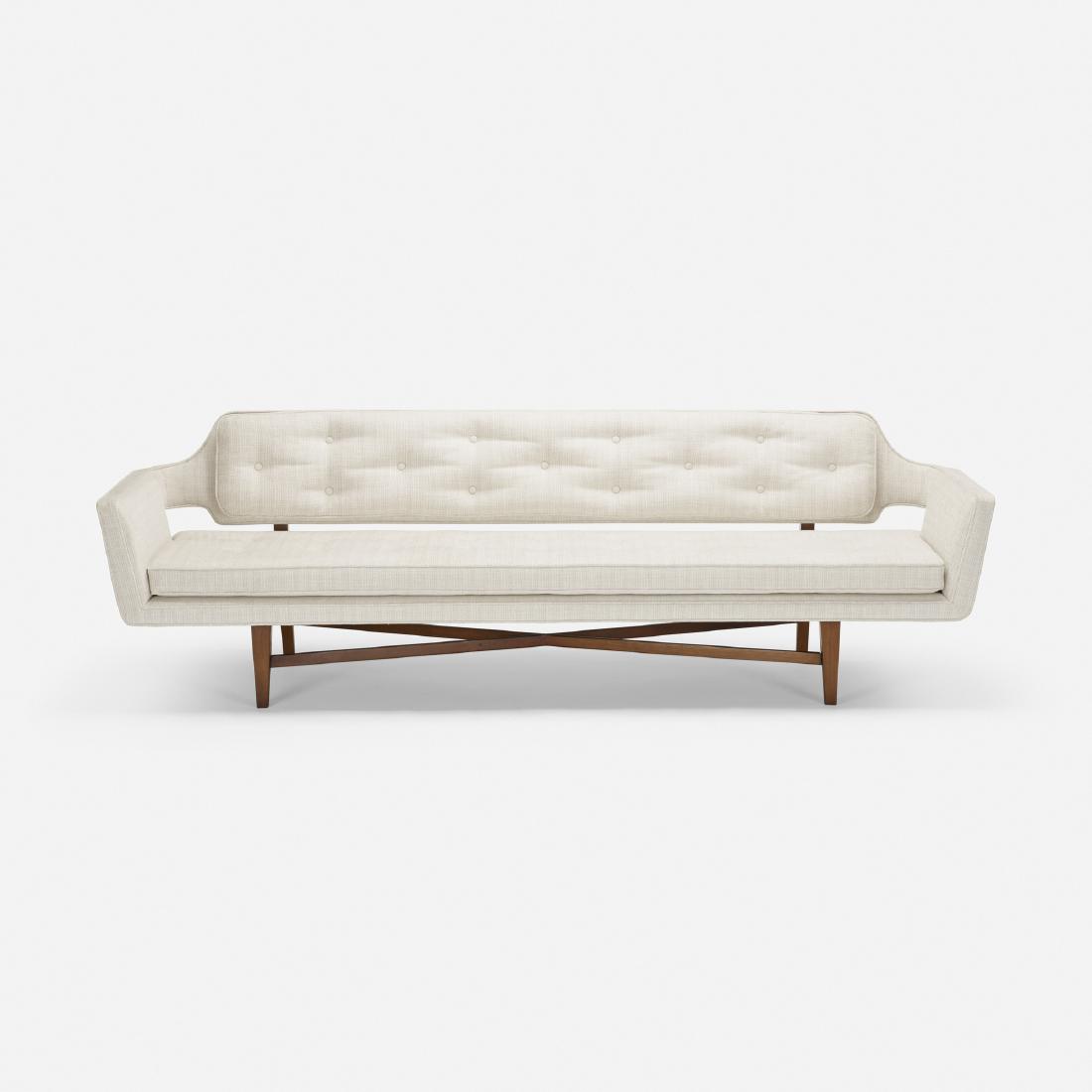 Edward Wormley, sofa, model 6133: Edward Wormley sofa, model 6133 Dunbar USA, 1961 upholstery, walnut 91 w × 29 d × 28 h in (231 × 74 × 71 cm) Literature: Edward Wormley: The Other F