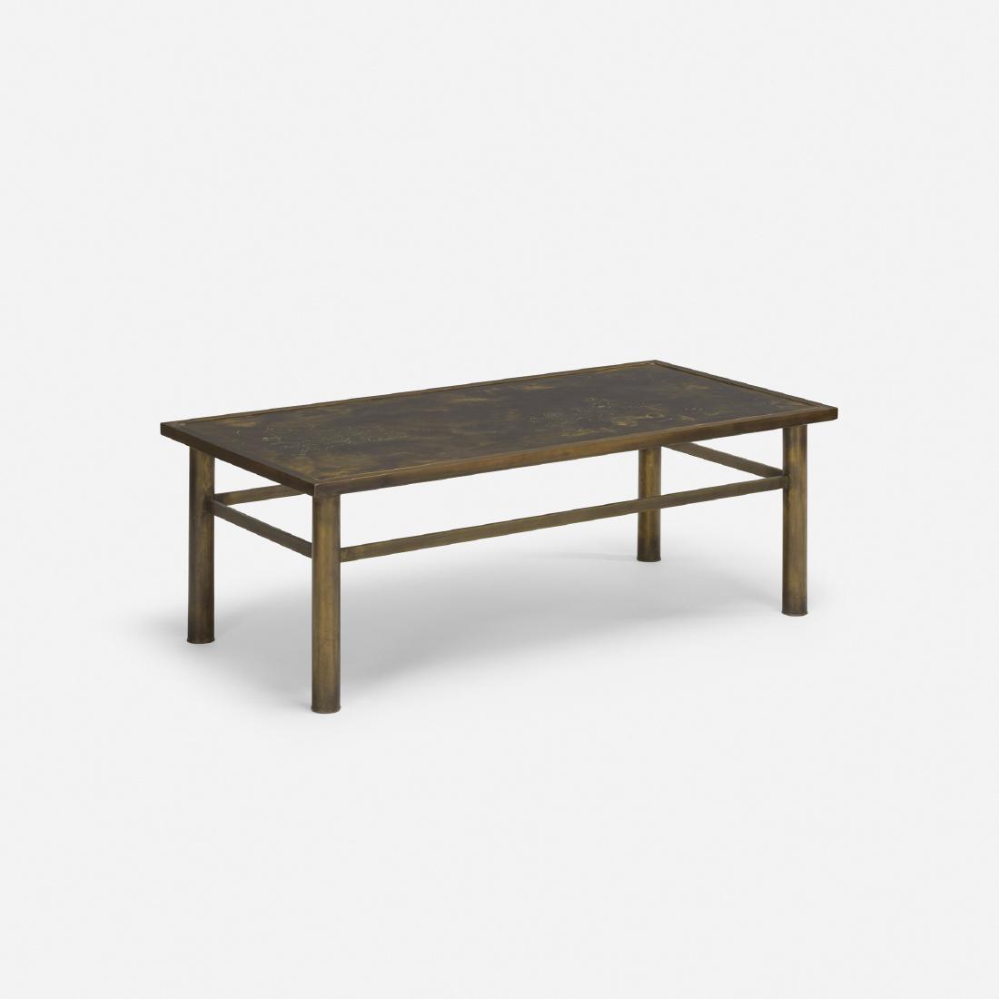 Philip and Kelvin LaVerne, Classical coffee table: Philip and Kelvin LaVerne Classical coffee table USA, c. 1965 acid-etched and enameled patinated brass over pewter over wood 47.75 w × 23.75 d × 17 h in (121 × 60 × 43 cm) A