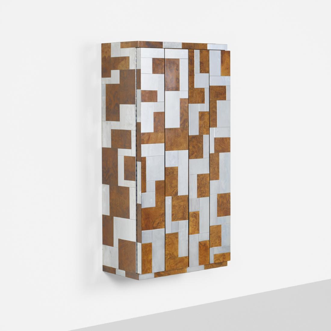 Paul Evans, wall-mounted Cityscape cabinet PE 400: Paul Evans wall-mounted Cityscape cabinet from the PE 400 series Paul Evans Studio for DirectionalUSA, c. 1975walnut burl, chrome-plated steel24 w × 13.75 d × 48 h in (61 × 35 &t