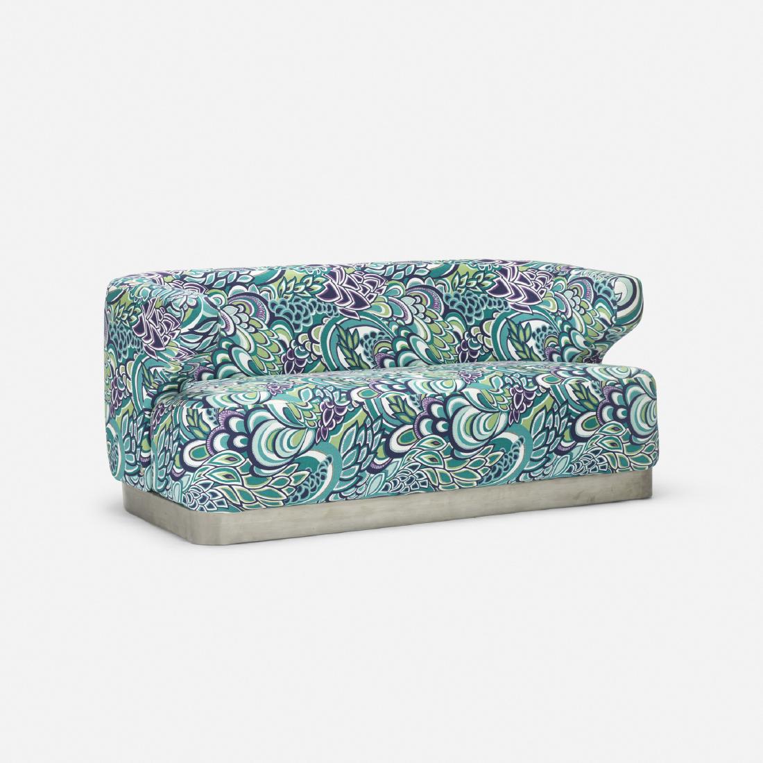 Formanova, sofa: Formanova sofa Italy, c. 1970upholstery, stainless steel64 w × 32 d × 27 h in (163 × 81 × 69 cm) Signed with partial decal manufacturer's label to reverse: [Formanova Elem