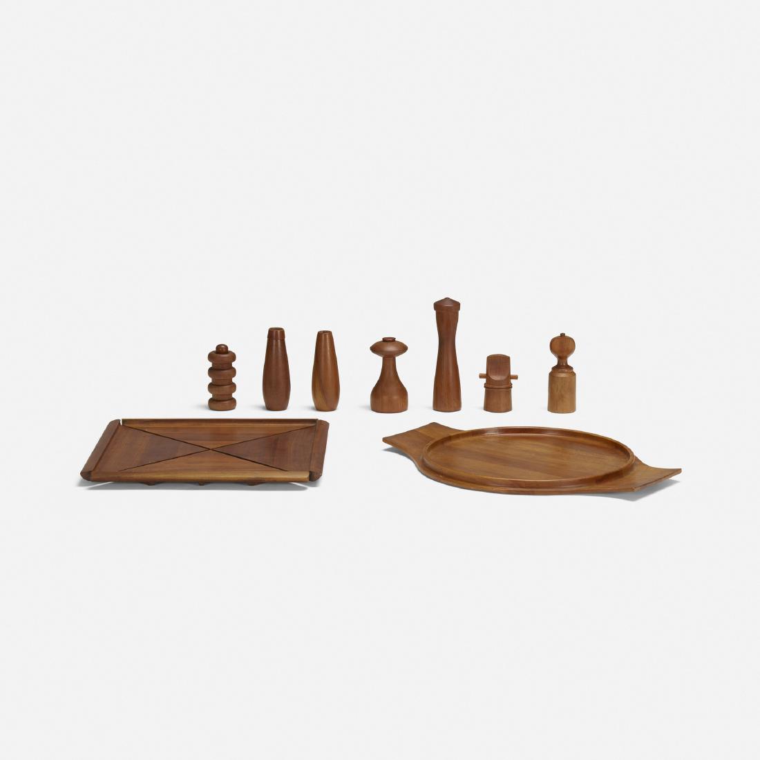 Dansk Designs, collection of table accessories: Dansk Designs collection of table accessories Denmarkteak Collection includes two trays, two salt shakers and five peppermills.