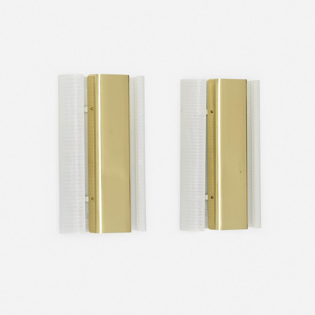Hans-Agne Jakobsson, sconces, pair: Hans-Agne Jakobsson sconces, pair Hans-Agne Jakobsson AB Sweden, c. 1960 enameled and perforated steel, brass 7.5 w × 5 d × 11.75 h in (19 × 13 × 30 cm) Signed with app