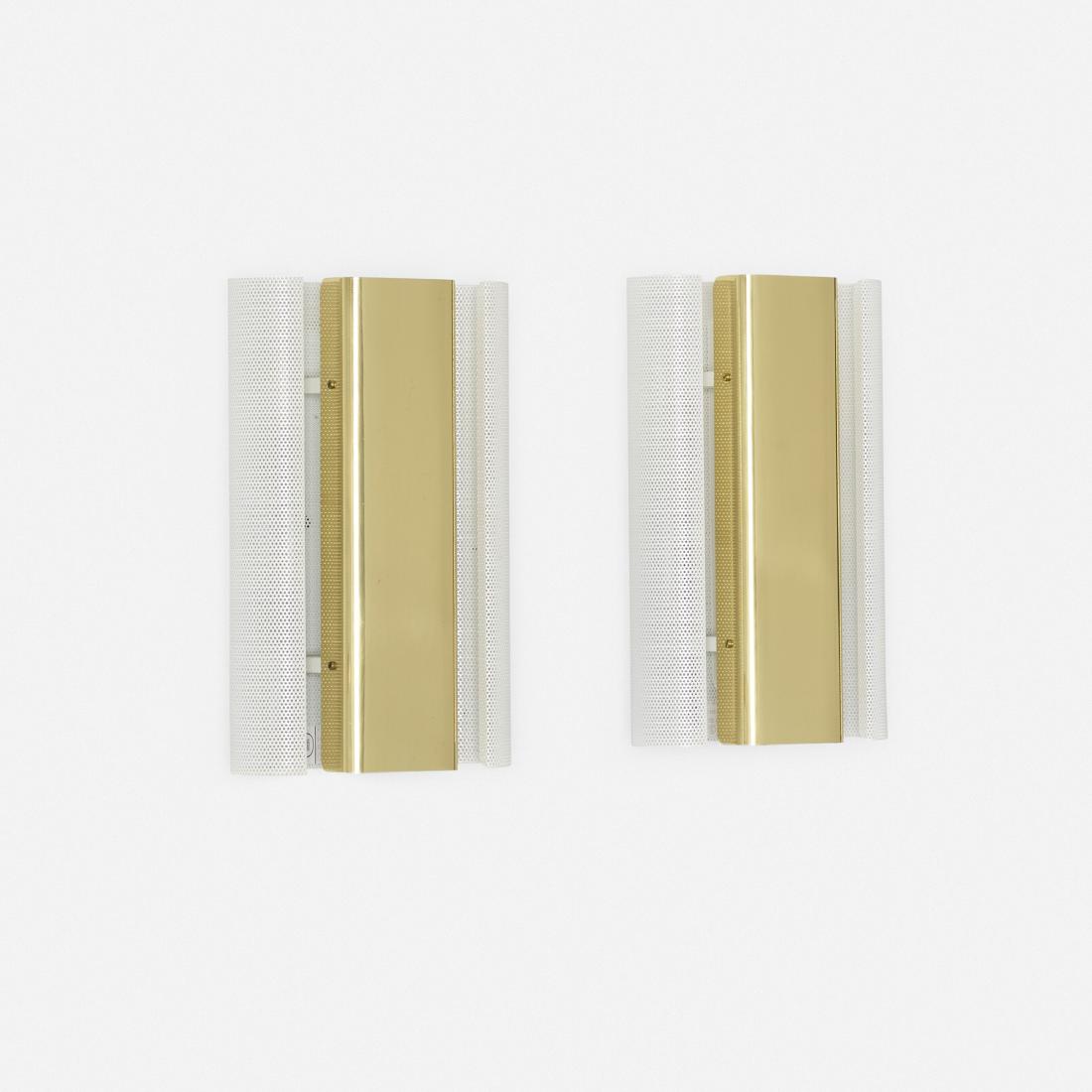 Hans-Agne Jakobsson, sconces, pair: Hans-Agne Jakobsson sconces, pair Hans-Agne Jakobsson AB Sweden, c. 1960 enameled and perforated steel, brass 7.5 w × 5 d × 11.75 h in (19 × 13 × 30 cm) Signed with app