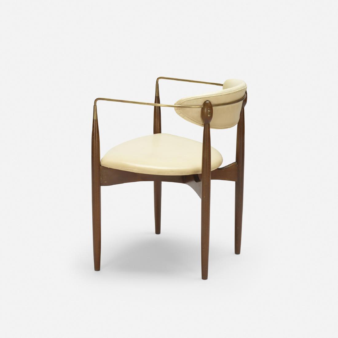 Dan Johnson, Viscount chair: Dan Johnson Viscount chair SeligUSA, c. 1955beech, brass, vinyl22 w × 20 d × 28 h in (56 × 51 × 71 cm) Signed with applied fabric manufacturer's label to underside: