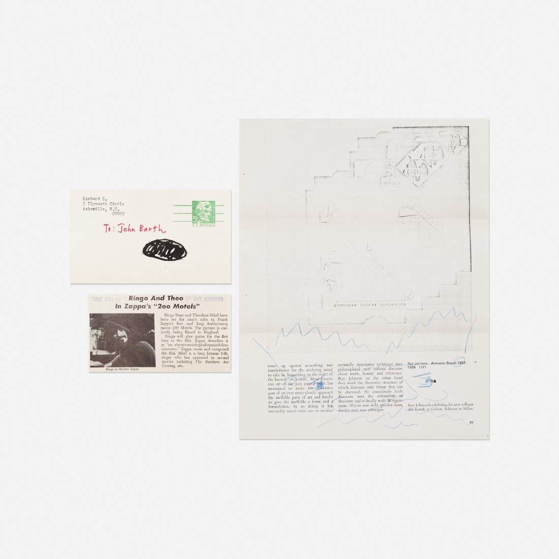 Ray Johnson, Untitled (collection of three works): Ray Johnson Untitled (collection of three works) c. 1972crayon and ink on paper, newsprint4.25 h × 9.5 w in (11 × 24 cm) Stamped signature to both envelopes 'Ray Johnson'. Stamped sig