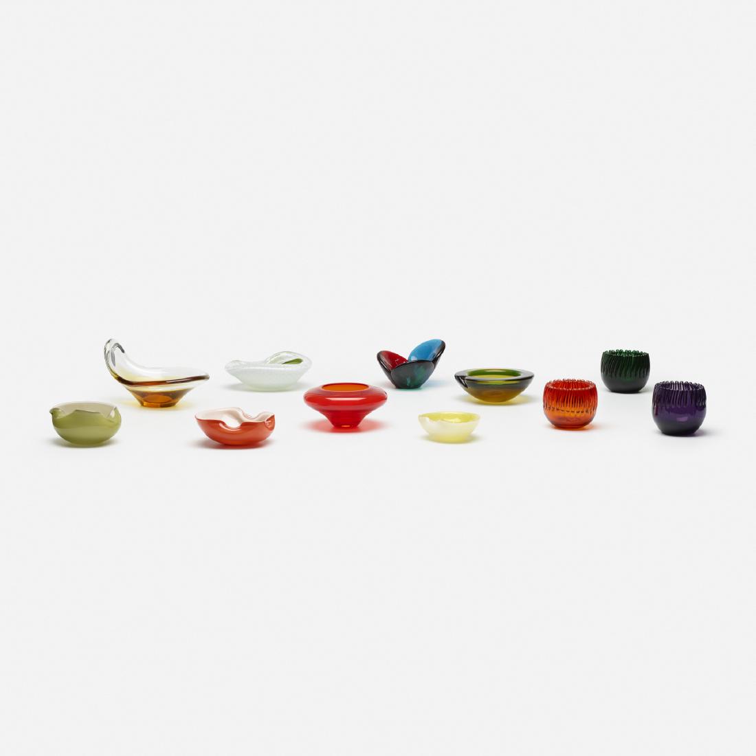Modern, collection of eleven vessels: Modern collection of eleven vessels c. 1960 glass 10.5 w × 7.25 d × 5.5 h in (27 × 18 × 14 cm) Collection includes two examples manufactured by Blenko Glass Company, one exa