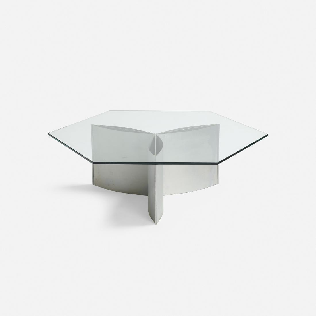 Kim Moltzer and Jean-Paul Barray, coffee table: Kim Moltzer and Jean-Paul Barray coffee table France, c. 1965glass, aluminum, stainless steel47 w × 41 d × 14 h in (119 × 104 × 36 cm) Literature: Furn