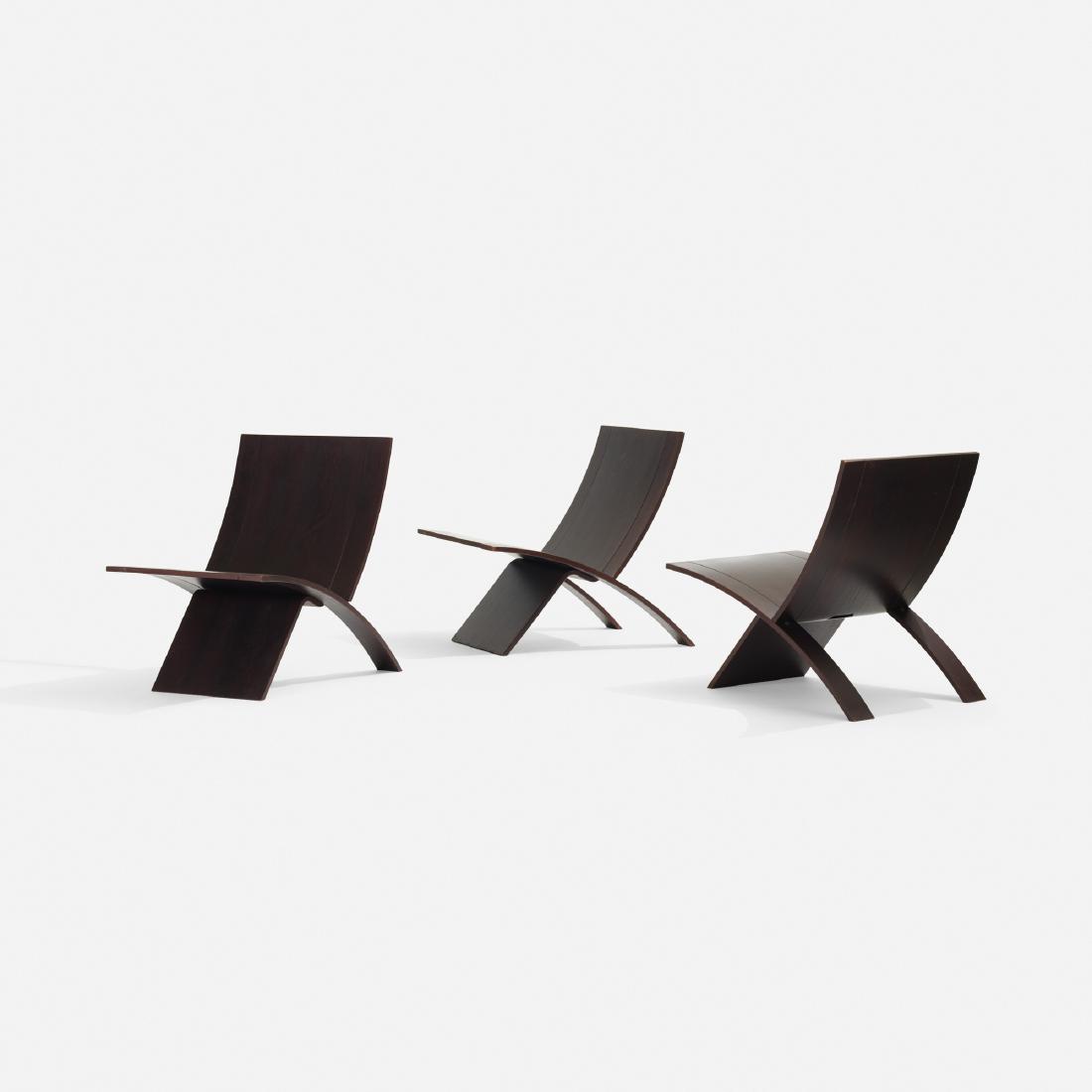 Jens Nielsen, Laminex chairs, set of three: Jens Nielsen Laminex chairs, set of three WestnofaDenmark / Norway, 1966stained beech plywood21.25 w × 29 d × 27.5 h in (54 × 74 × 70 cm) Literature: