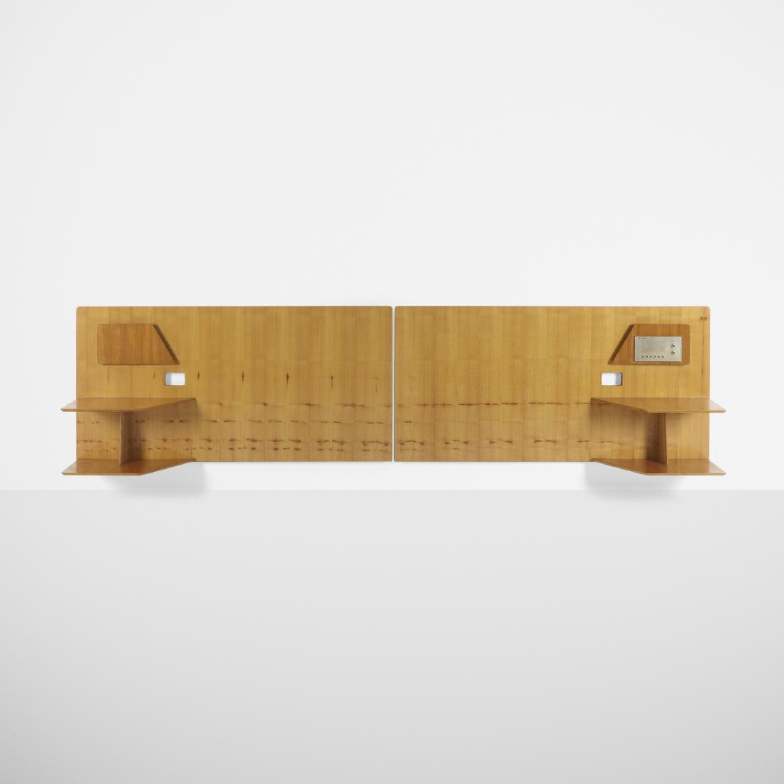 Gio Ponti, king-size headboard from Royal Hotel, Naples: Gio Ponti king-size headboard from Royal Hotel, Naples Giordano ChiesaItaly, 1955ash, aluminum, plastic128 w × 16.5 d × 31.5 h in (325 × 42 × 80 cm) Provenan